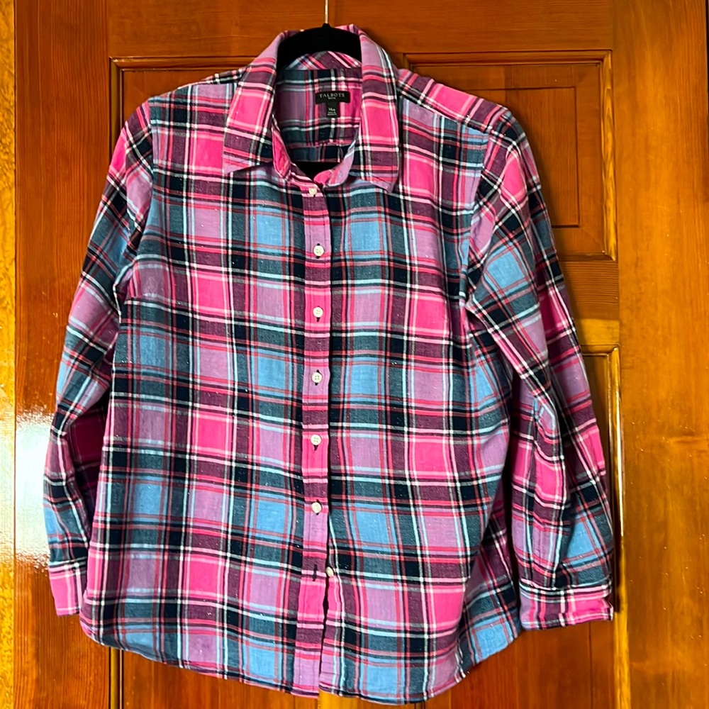 Talbots XLP Pink and Blue Holiday Plaid Button Down